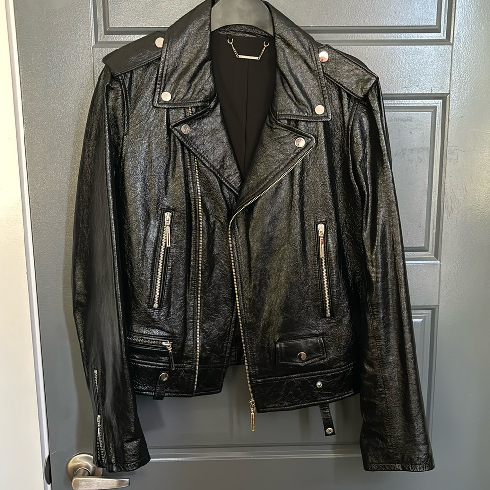 Elie Tahari Black Leather Motorcycle Jacket with Asymmetrical Zipper